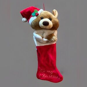 Vtg Smithy Stuffed Teddy Bear stocking Plush Santa Hat Red Christmas Holiday